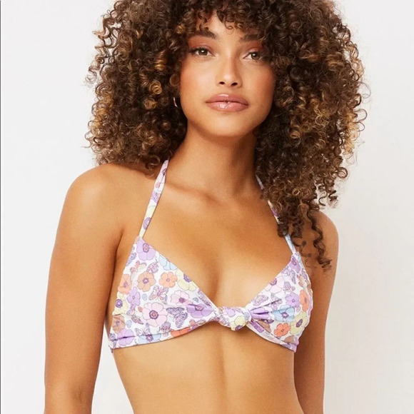 NEW! Retro Floral & Butterfly Print Knotted Halter Bikini Top - Picture 3 of 13